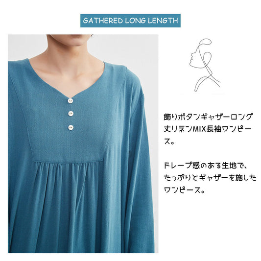 飾りボタン×たっぷりギャザーのリネンMIXロングワンピース KNXO405