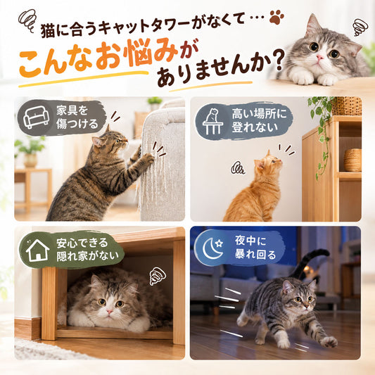 多機能キャットタワー 123cm 爪とぎ柱&透明カプセル付き 省スペース