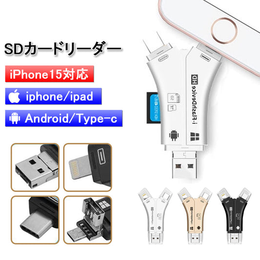 SDカードリーダー 4in1 iPhone・スマホ対応 写真・データ保存・バックアップに 最大1TB対応