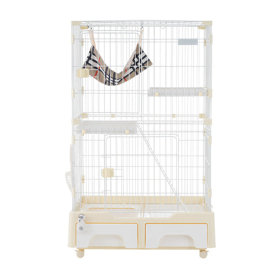 猫ケージ 2段 キャットケージ 猫トイレ・ハンモック・キャスター付き クリームイエロー TX212771DAA