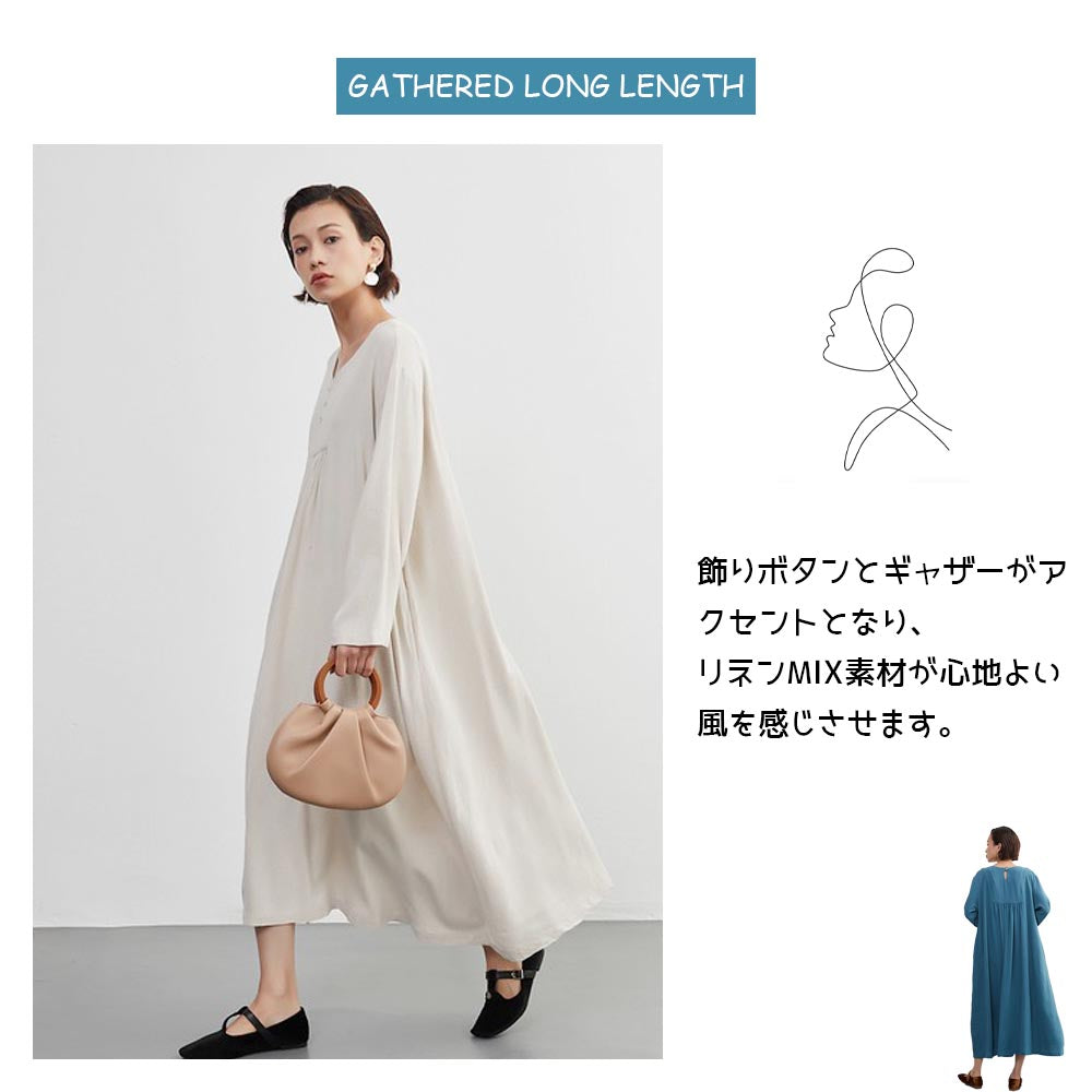 飾りボタン×たっぷりギャザーのリネンMIXロングワンピース KNXO405
