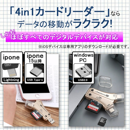 SDカードリーダー 4in1 iPhone・スマホ対応 写真・データ保存・バックアップに 最大1TB対応
