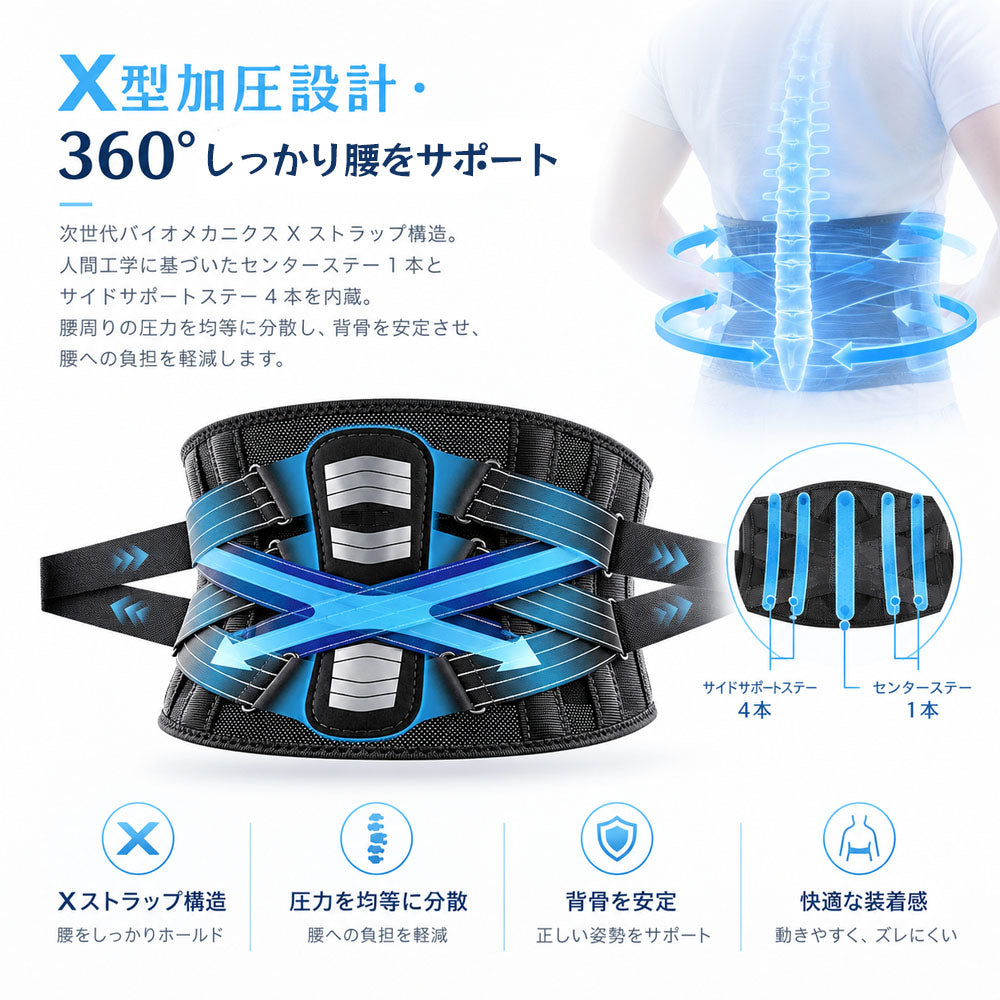 腰サポーター 3D通気 X型加圧ベルト 360°フィットで腰をしっかりサポート