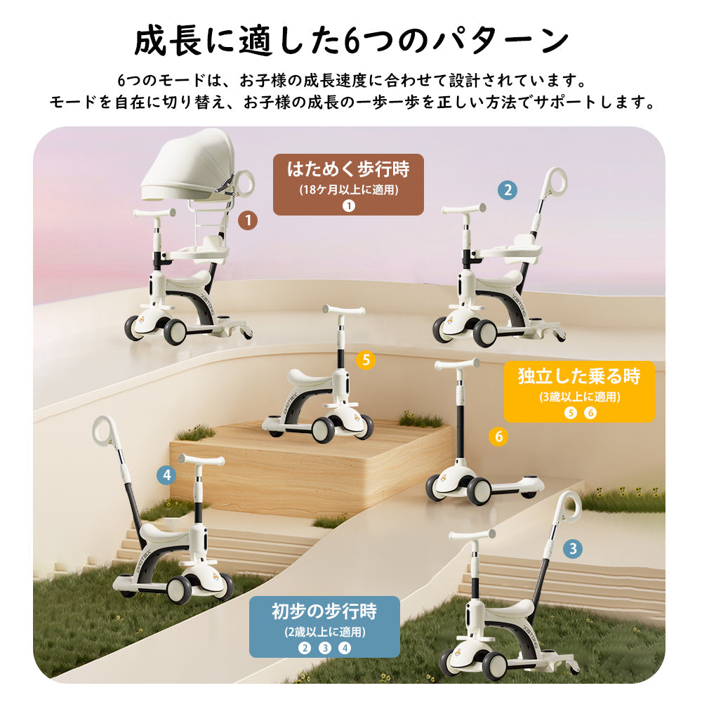 6in1子供用三輪車 キックバイク 手押し棒付き セーフティーガード