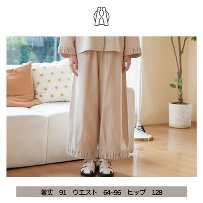リネンコットンワイドパンツ 裾ギャザー切り替えデザイン KNSP347