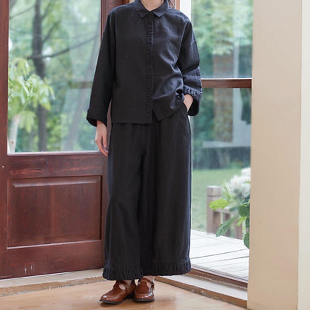 リネンコットンワイドパンツ 裾ギャザー切り替えデザイン KNSP347