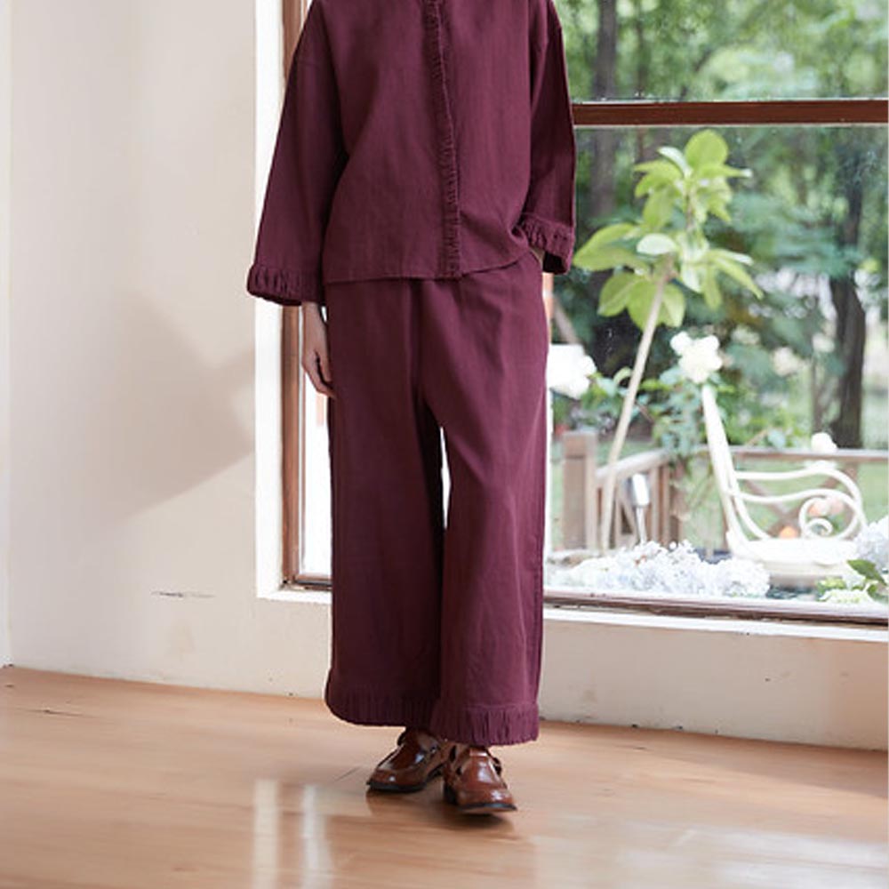 リネンコットンワイドパンツ 裾ギャザー切り替えデザイン KNSP347