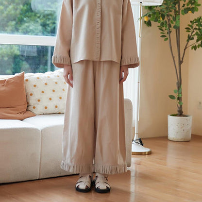 リネンコットンワイドパンツ 裾ギャザー切り替えデザイン KNSP347