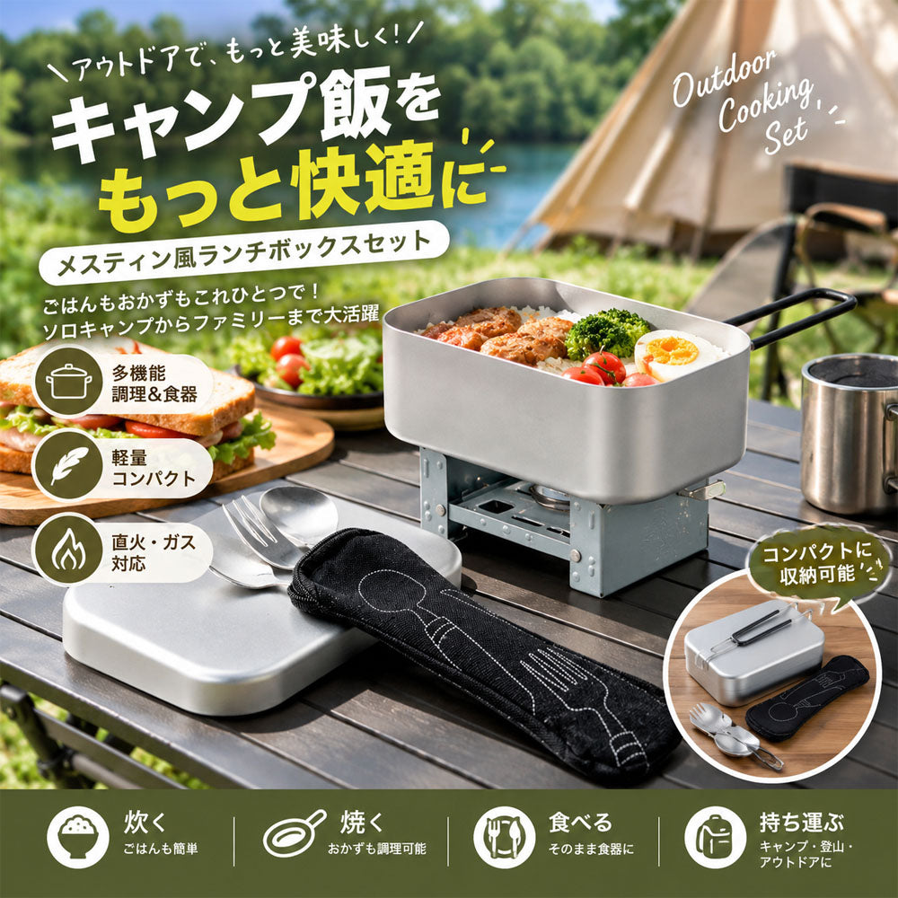 キャンプクッカーセット アルミ製 直火対応 800ml カトラリー付き