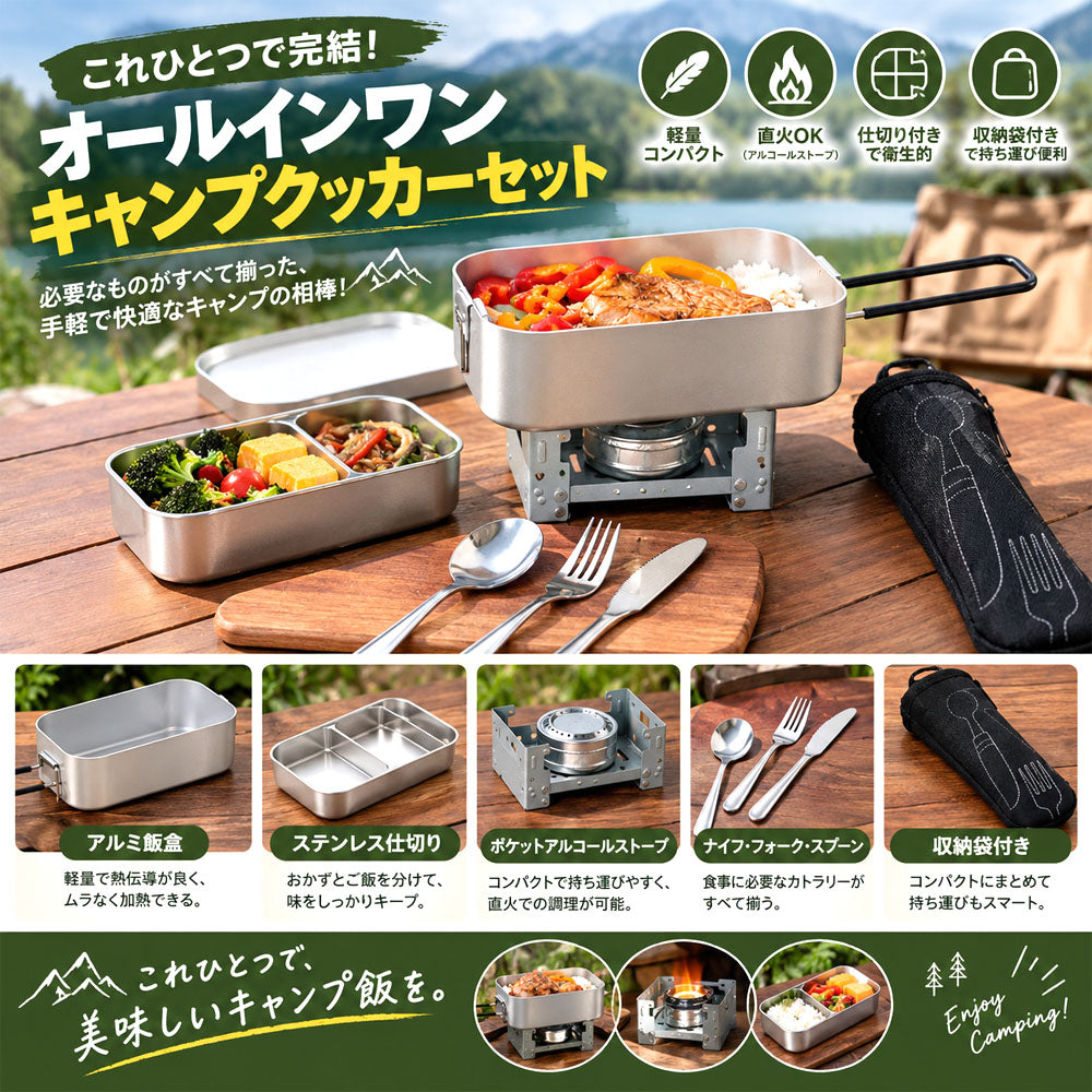キャンプクッカーセット アルミ製 直火対応 800ml カトラリー付き