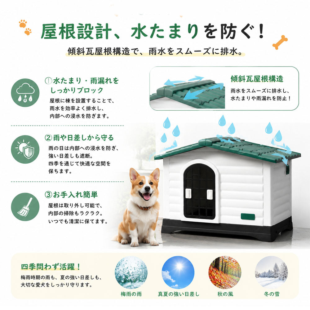 ドッグハウス 犬小屋 PP製 耐水・通気口付き 傾斜屋根・高床設計 屋内外両対応 中型犬用