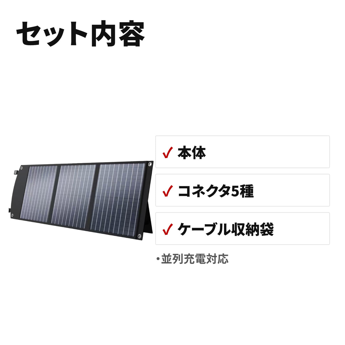 BALDR ソーラーパネル 60W 折りたたみ式ソーラーチャージャー USB/Type-C/DC出力 キャンプ・防災用 R1009 セット内容