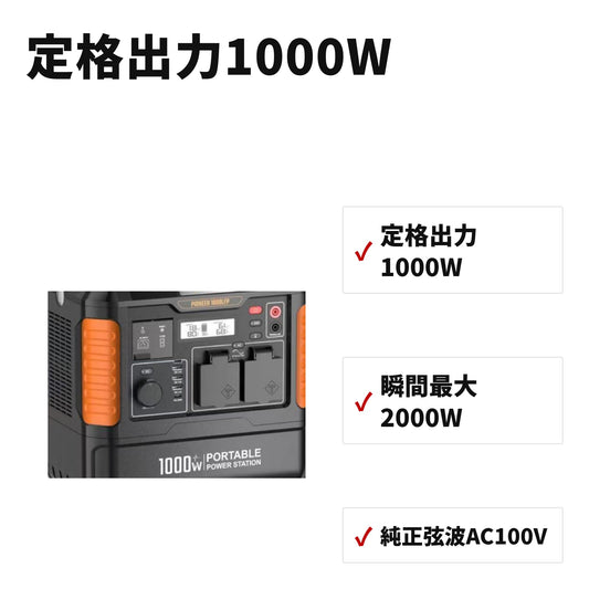 ポータブル電源 1037Wh 大容量 純正弦波AC100V 出力1000W リン酸鉄リチウム電池 R1008 特長