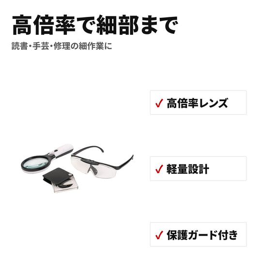 拡大鏡＆保護メガネ 3点セット 高倍率レンズ 軽量 保護ガード付き 特長
