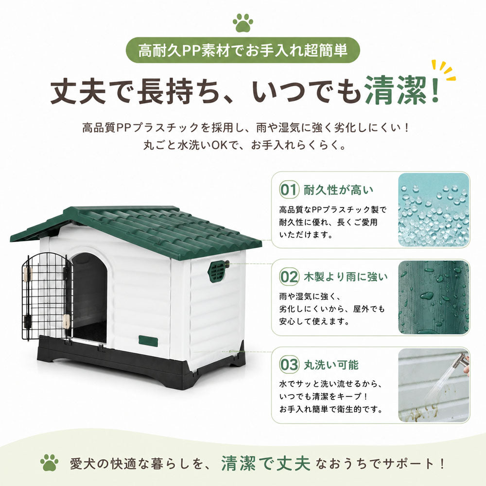 ドッグハウス 犬小屋 PP製 耐水・通気口付き 傾斜屋根・高床設計 屋内外両対応 中型犬用