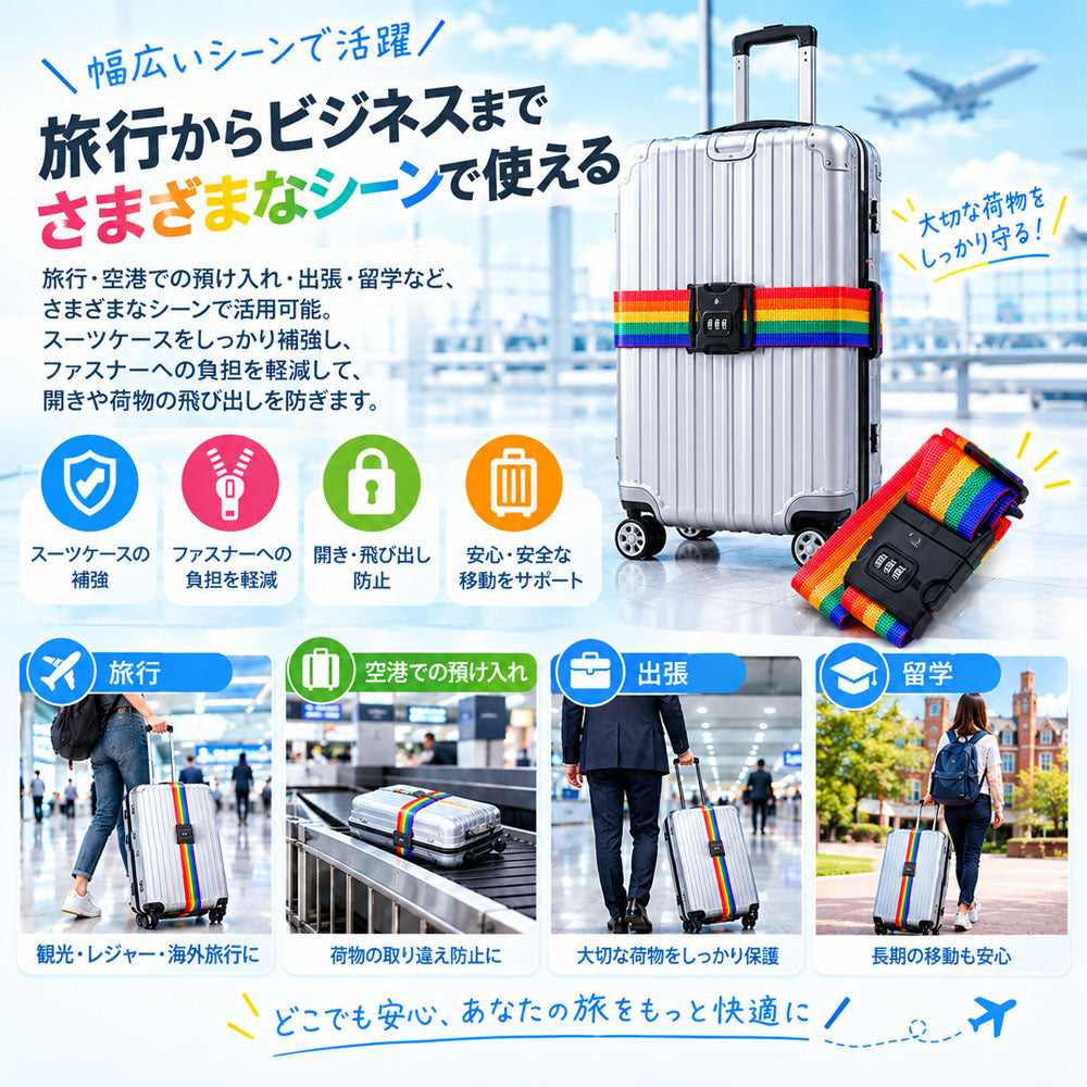 スーツケースベルト ダイヤルロック付き 調節可能 レインボーカラー