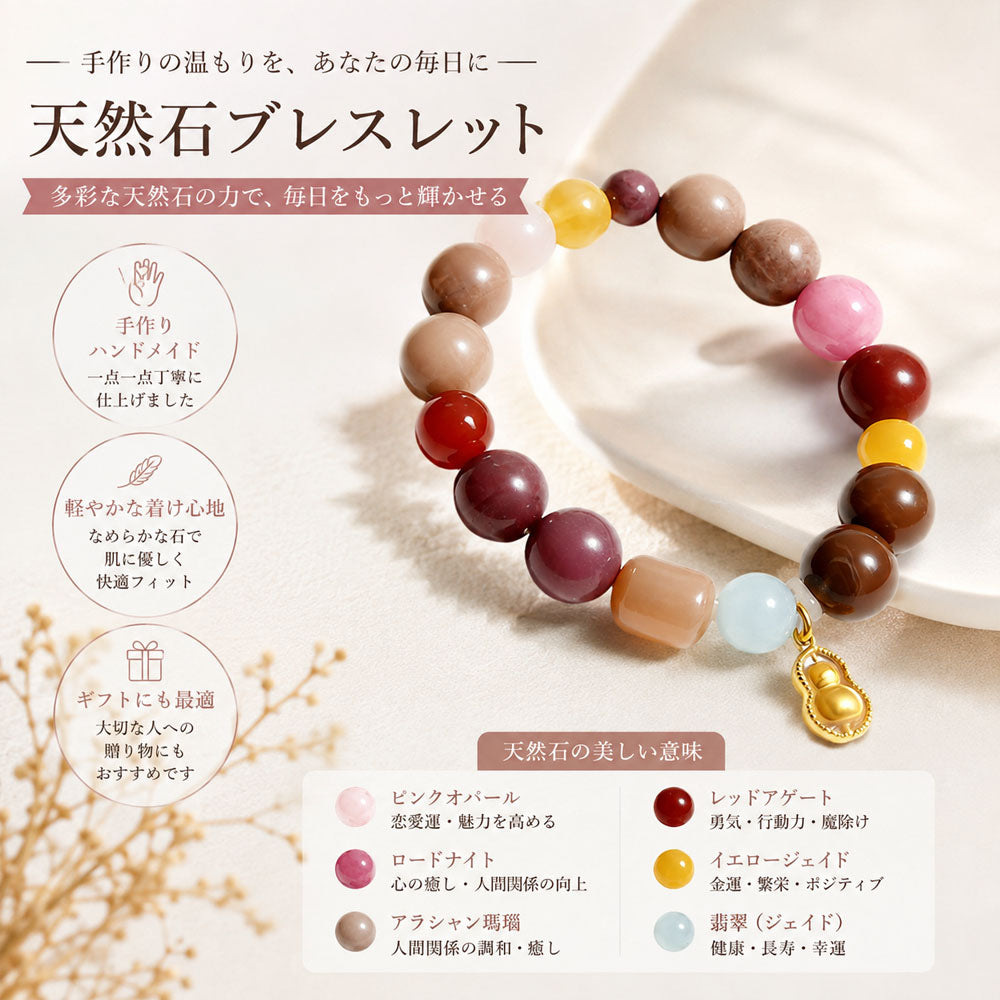 開運お守りブレスレット 天然石×漢方香珠 ひょうたんチャーム 和風アクセサリー