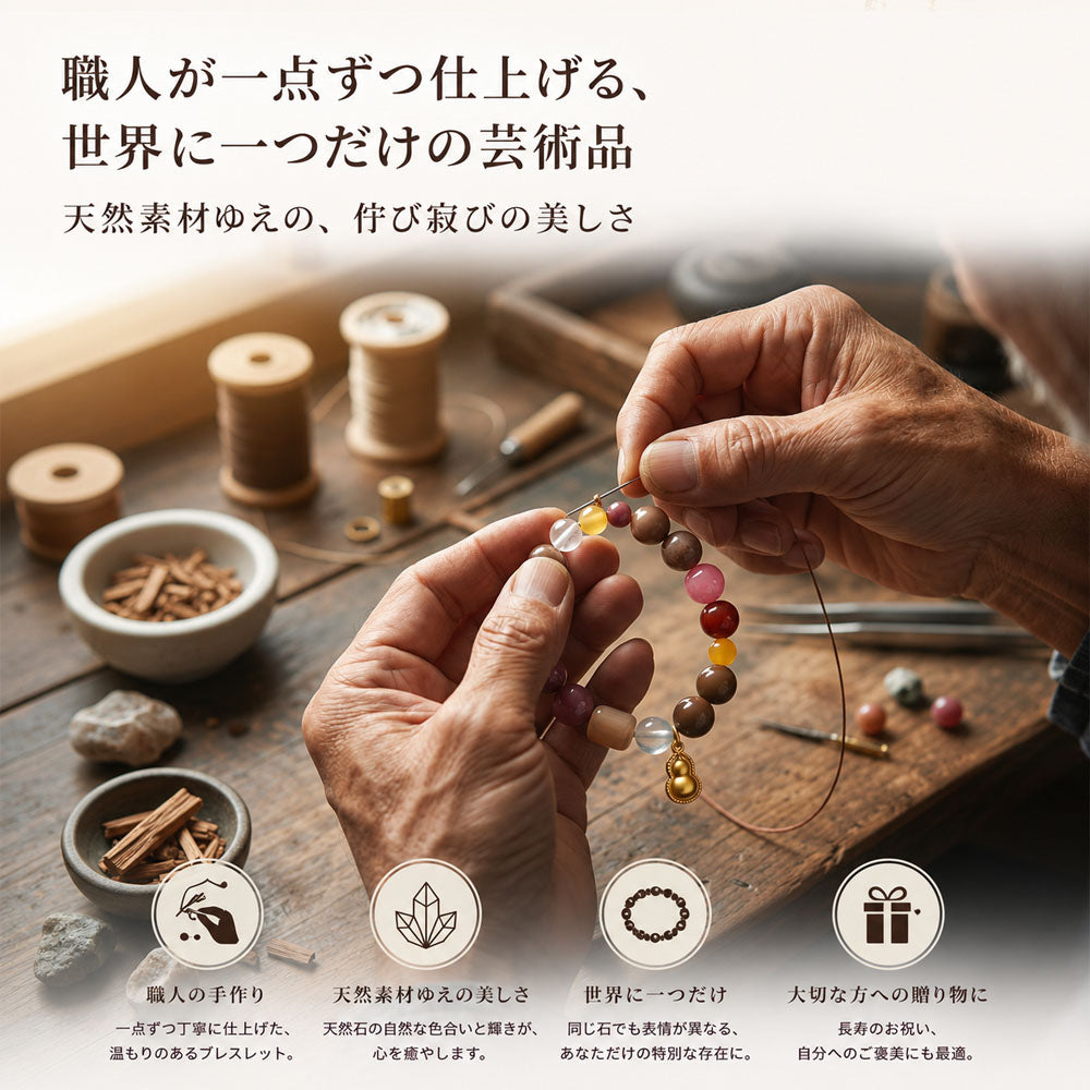 開運お守りブレスレット 天然石×漢方香珠 ひょうたんチャーム 和風アクセサリー
