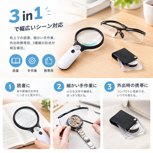 拡大鏡＆保護メガネ 3点セット 高倍率レンズ 軽量 保護ガード付き